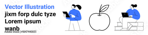 Online learning, technology, productivity, modern education, remote work, digital lifestyle. Two characters interacting with devices and a simple apple illustration. Online learning and technology