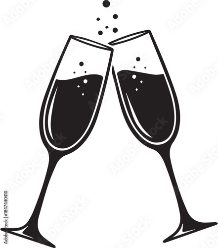 Two champagne flutes clinking together with bubbles