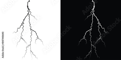 Realistic lightning bolt illustration a powerful electrical discharge for weather and energy concepts isolated on white and black backgrounds EPS vector
