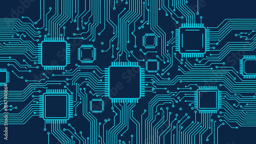 A high-tech digital pattern of a blue printed circuit board features a computer microchip and processor connection design for modern electronic hardware and motherboard engineering