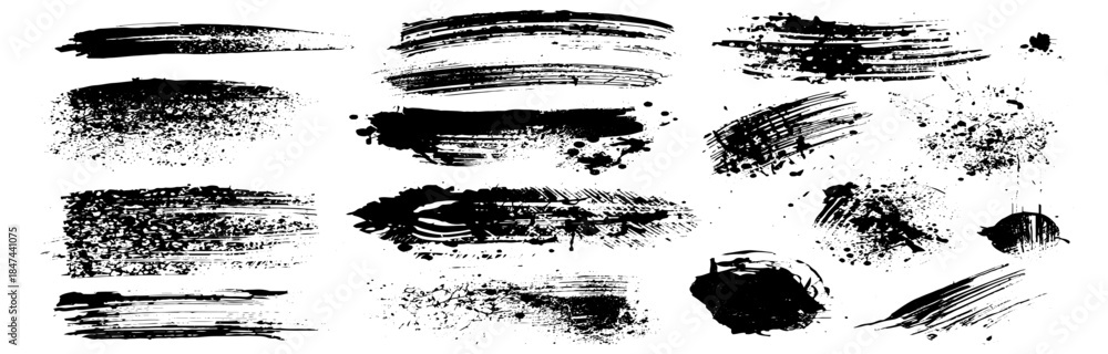 Obraz premium Set of ink splashes black grunge paint brush strokes on a white background. abstract ink textures, rough dry-brush marks, splatters and smudges, hand-painted acrylic and ink style.