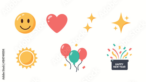 A colorful icon set featuring Happy New Year graphics, including smiley faces, hearts, stars, balloons, and confetti, against a clean white background with a celebratory mood.