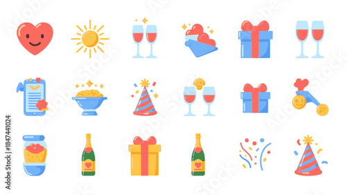 A colorful icon set featuring various Happy New Year's elements, including champagne bottles, party hats, gifts, and festive symbols, arranged in a grid on a white background with a joyful