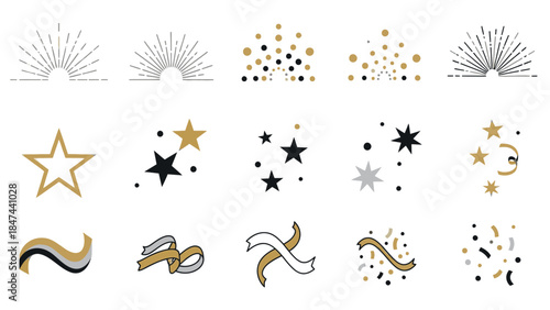 A vibrant icon set featuring Happy New Years elements, including stars, fireworks, and confetti in gold, silver, and black, arranged on a clean white background with a celebratory feel.