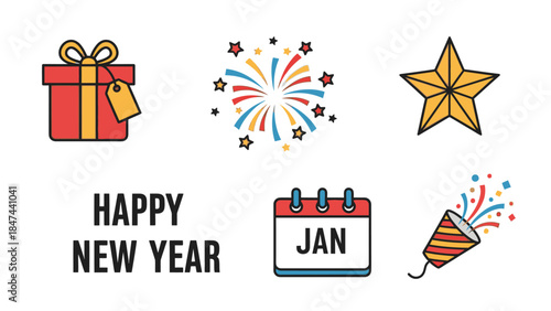 Flat lay of a vibrant icon set celebrating Happy New Years with a gift, fireworks, star, calendar, and party popper on a clean white background with colorful, festive elements.