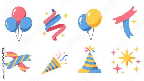 A vibrant icon set featuring Happy New Years elements, including balloons, party hats, and confetti, against a clean white background with a celebratory mood.