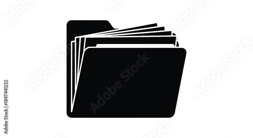 A stark image depicting an open file folder containing papers a simple black silhouette