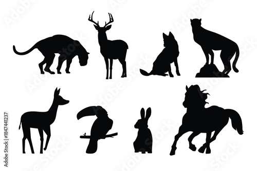 Black animal silhouettes featuring deer, bear, fox, rabbit, and squirrel in a clean flat style. Ideal for wildlife themes, nature posters, logos, and educational designs.