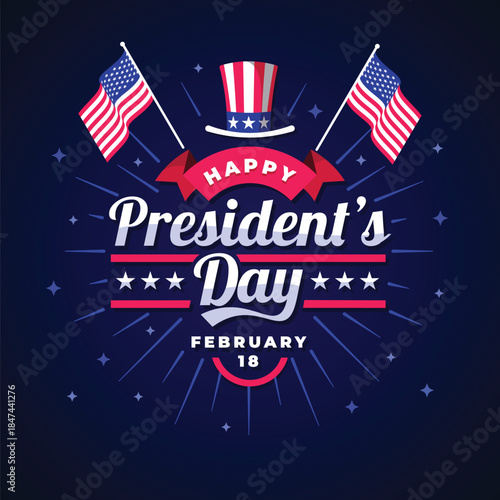 Happy President’s Day poster with American flags and patriotic design. Perfect for US holidays, national celebrations, banners, and promotional materials.