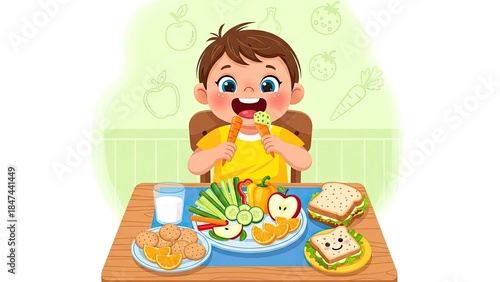 Happy boy enjoys a healthy and balanced meal, enthusiastically eating fresh vegetables and fruits, showcasing good nutrition and positive eating habits for children