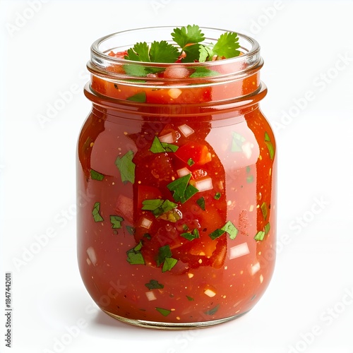 Vibrant tomato salsa with fresh cilantro in glass jar on a white background
