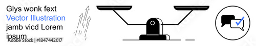 Legal systems, fairness, communication, verified information, judgment, debate. A balanced scale and verified speech bubble symbol. Legal systems and fairness concept emphasizing communication