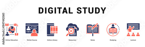 Digital Study Modern and clean web banner illustration featuring thematic icons for visual communication