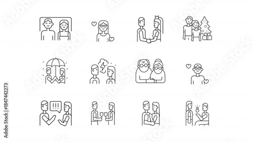 Romance line animation set. Family life animated icons. Relationship marriage. engagement proposal. Couple hugging. Outline elements on white background. HD video with alpha channel