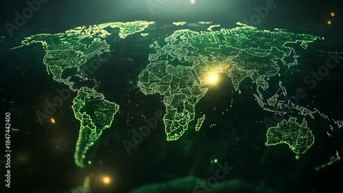 Glowing digital world map with network connections and data flow.