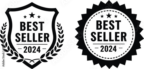 Best seller badge, 2024 product label, black shield emblem, scalloped seal design, laurel wreath stamp, top rated graphic, marketing icon