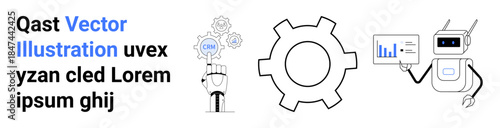 Robot analyzing data. Hand holding tech innovation icon, gear symbolizing process. Ideal for AI, automation, innovation, analytics, engineering, business efficiency simple landing page