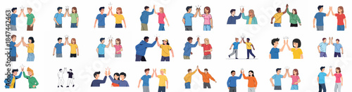 Collection of Diverse Young People Giving High Fives. Friendship, Teamwork, and Success Gesture Illustrations Set.