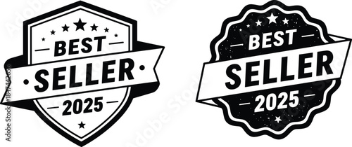 Best seller badge, 2025 product label, black shield and seal design, ribbon endorsement stamp, top rated emblem, promotional graphic icon