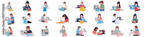 Set of flat illustrations featuring people, including tailors and hobbyists, operating sewing machines to create fashionable garments, emphasizing craftsmanship and textile work.