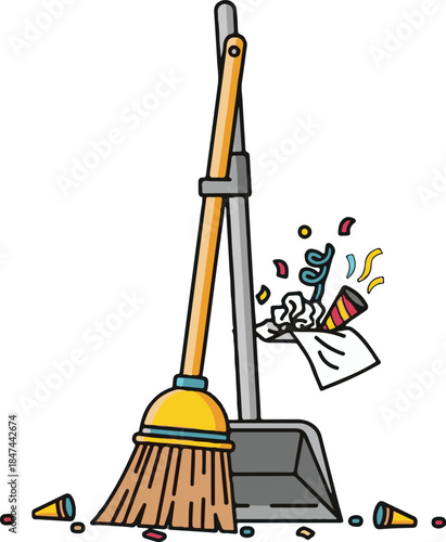 Cleanup after New Year's Eve celebration with confetti and a broom and dustpan set
