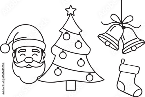 A festive outline illustration of Santa Claus, Christmas tree, bells, and a stocking, symbolizing the holiday season.