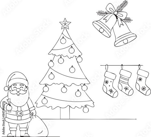 Santa Claus stands beside a decorated Christmas tree with bells and socks hanging nearby