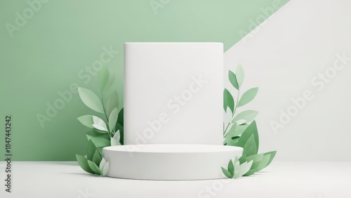 Minimalist product display podium with green paper-cut leaves on a two-tone background. Ideal for beauty, eco-friendly, or natural product showcases.
