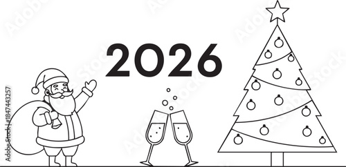 Celebrating New Year 2026 with Santa Claus and a decorated Christmas tree