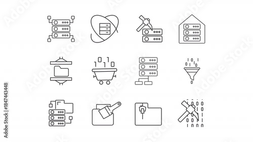 Data mining line animation set. Database organization animated icons. Information filtering, data center. IT infrastructure. Outline elements on white background. HD video with alpha channel