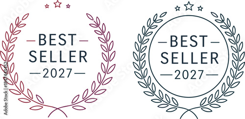 Best seller badge, 2027 product label, red and blue laurel emblem, minimalist endorsement graphic, top rated stamp, retail highlight design