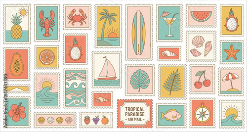 Tropical Paradise Postage Stamp Illustration Set