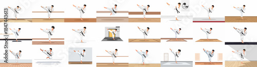 Dynamic Martial Arts High Kick Collection: Male Athlete Training in Dojo Vector Set.