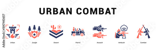 Urban Combat Modern and clean web banner illustration featuring thematic icons for visual communication