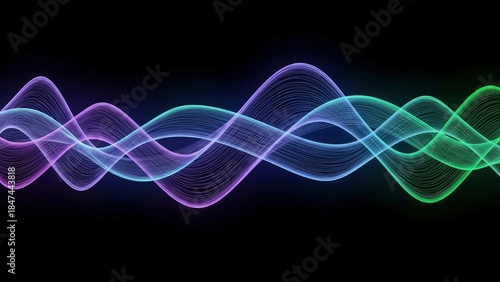Abstract glowing sound waves in vibrant purple, blue, and green on a dark background, representing technology, music, or digital data.