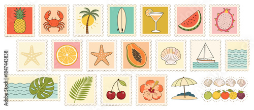 Tropical Summer Postage Stamp Illustration Set