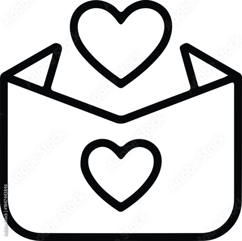 Love Message Envelope Heart Icon, Minimal black line icon of an envelope with hearts, representing love letters, romantic messages, affection, and emotional communication.

