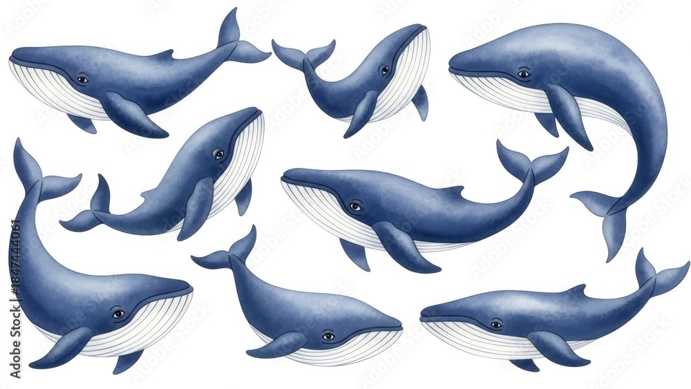 Obraz premium A charming collection of blue whale illustrations in various poses, featuring a whimsical watercolor texture on a clean white background.