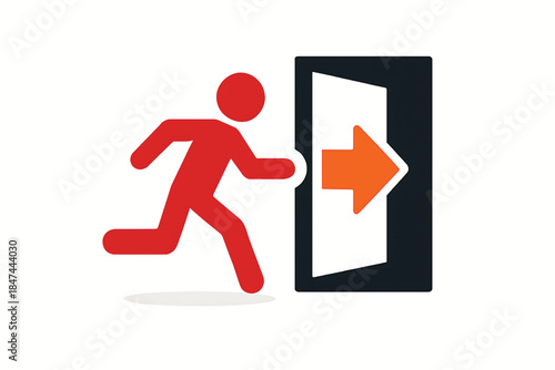 Vector  of person running towards the exit door. Symbol of emergency plan.