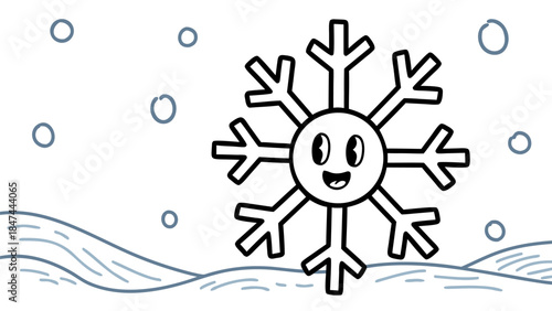 A cute cartoon snowflake with a happy face is falling in a snowy landscape.