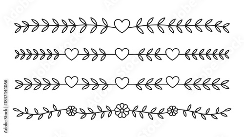 Elegant horizontal dividers featuring hearts, leaves, and flowers perfect for decorative document borders