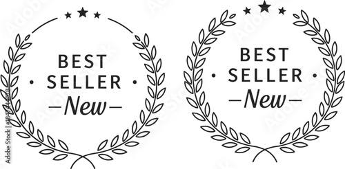 Best seller badge, new product label, black laurel wreath emblem, minimalist endorsement graphic, elegant retail stamp, premium marketing design