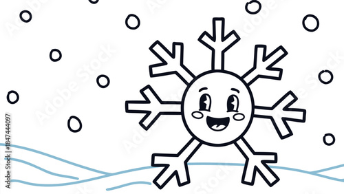 A cute cartoon snowflake with a happy face falling in a winter scene.