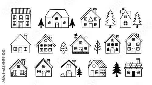 Fifteen whimsical cartoon style houses with pine trees on a clean white background