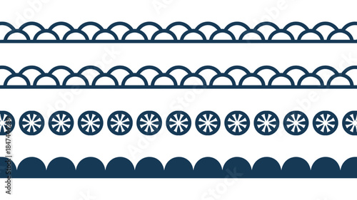 Four distinct horizontal lines of dark blue decorative border patterns with scalloped edges and star shapes