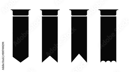 Four simple black silhouette bookmark ribbons showing different classic shapes and designs