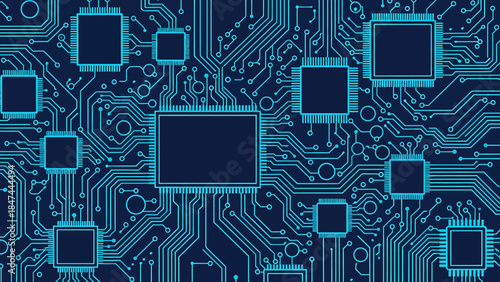 Seamless blue and green vector pattern featuring a geometric digital circuit board design for computer technology electronics and motherboard wallpaper backgrounds