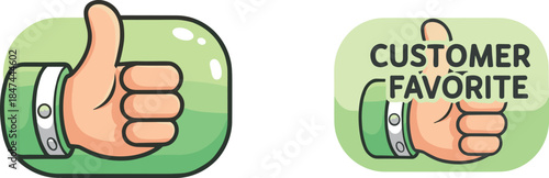 Customer favorite thumbs-up icon set, green approval badges, gradient and flat styles for reviews, product ratings, and UI feedback