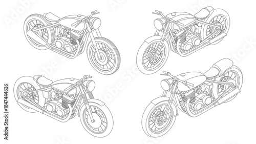 Isometric line drawings showcasing four different classic custom motorcycles from various angles
