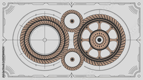 Intricate industrial design featuring interwoven rope gears and mechanical elements in a steampunk style